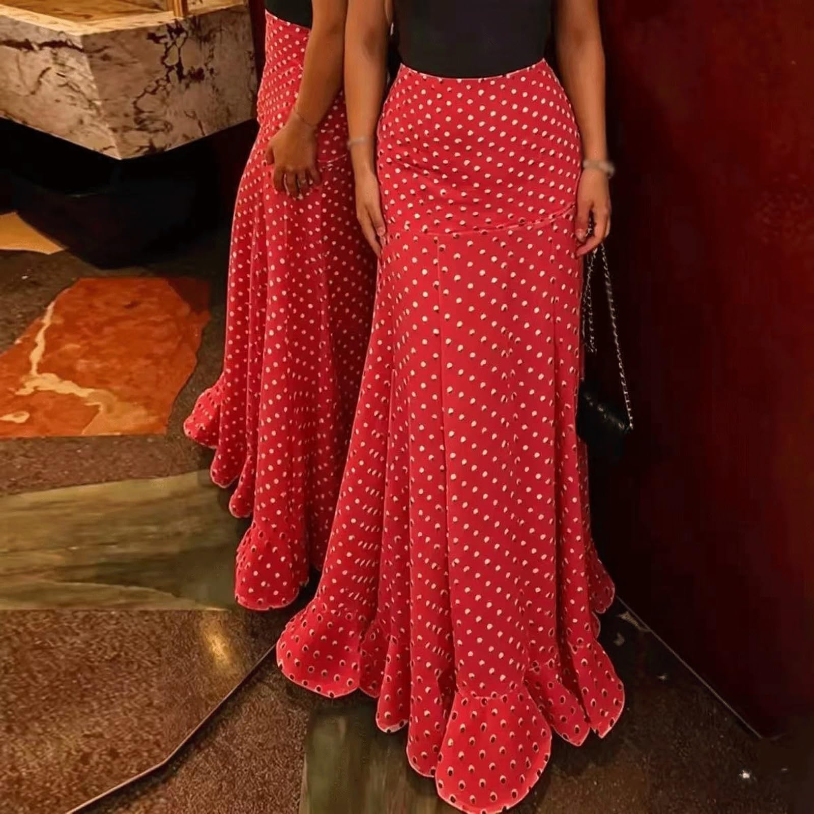 DUddTTW Slim Women's Midi Skirt Polka Dot Midi Length Flowy Skirt High Waisted Swing Skirt Maxi Skirts Ankle Length Skirts Fashion(Rot,Lagre)