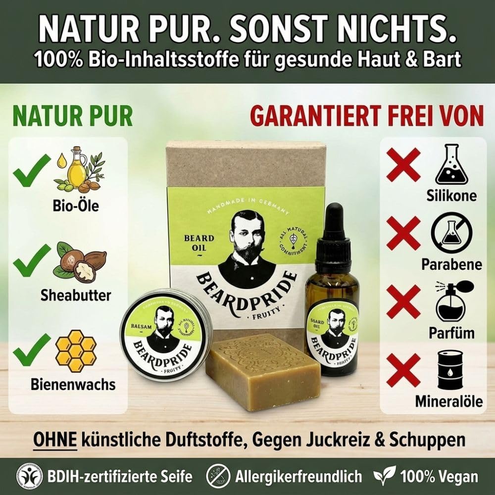 Beardpride® Bartpflege Set für Männer | Bartöl + Bartbalsam + Bartseife | Das perfekte Herren Geschenk Set für Bart und Haut | Handgefertigt aus 100% kaltgepressten Bio Ölen | Von Barbieren empfohlen
