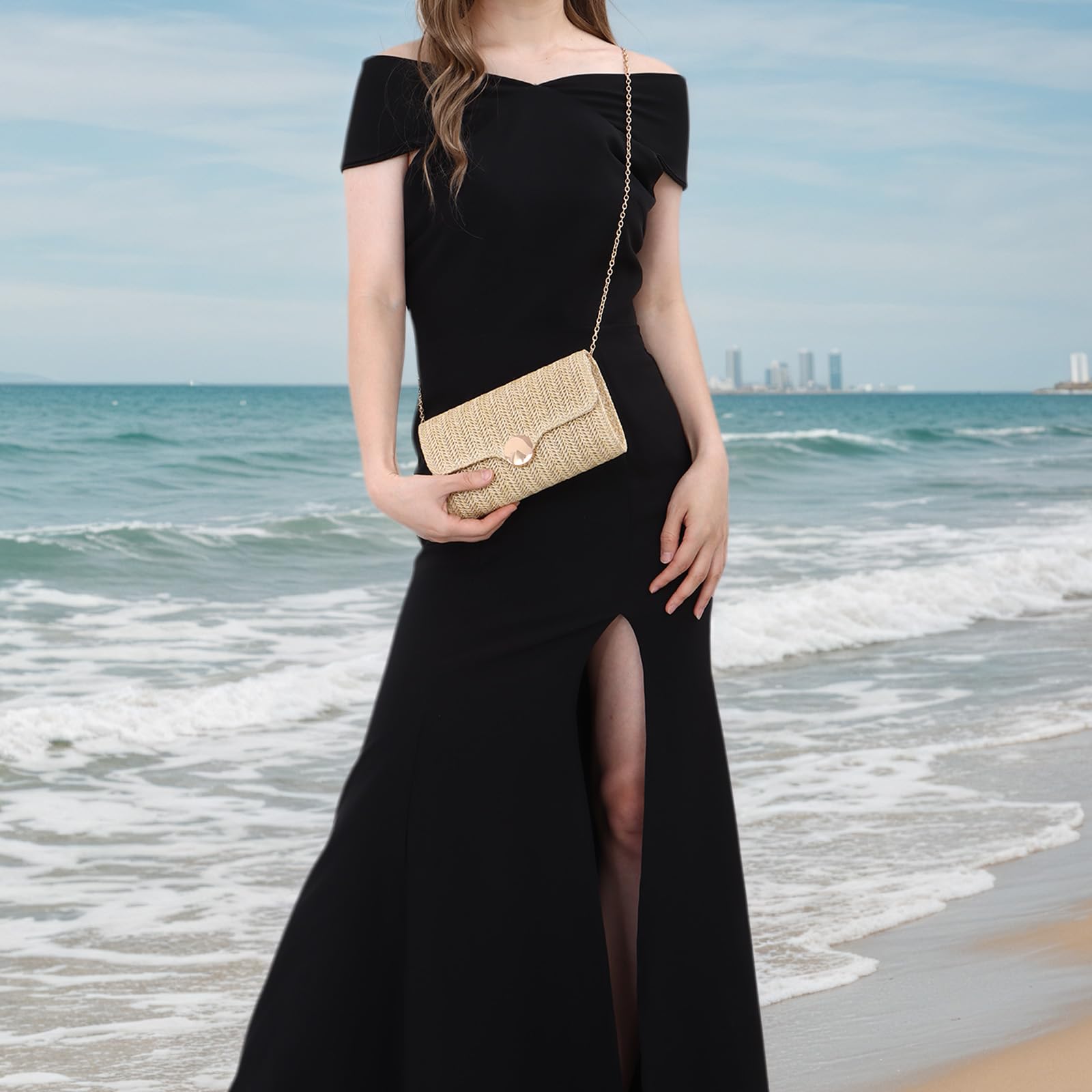 Bolso de Paja Tejida para Mujeres Playa de Verano Elegante Bolso de Noche con Cadena