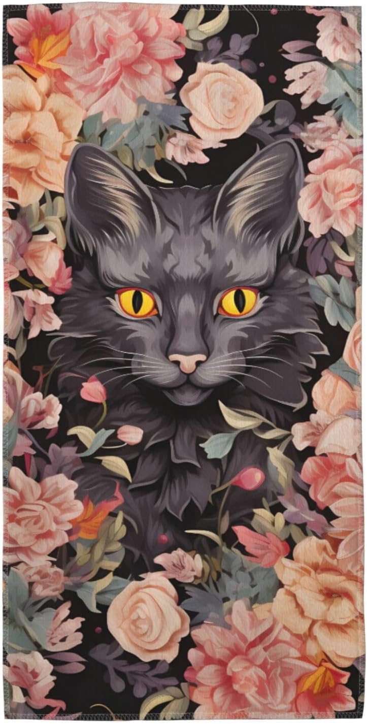 Hand Towels for Bathroom, Soft Absorbent Bath Towels Decorative Guest Towel Microfiber Face Towel Cat Flower Embellishment Kitchen Dish Towels for Home Hotel Gym Spa Yoga 13.8″X27.5″