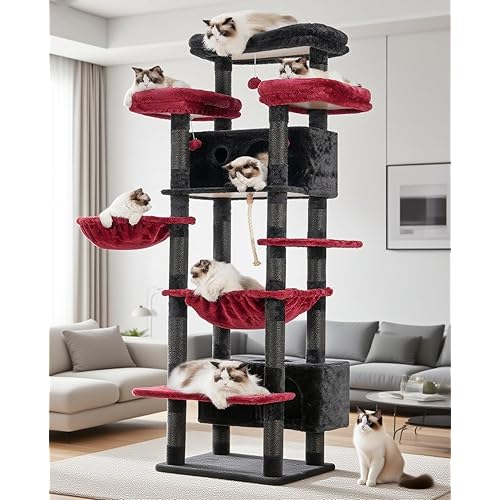 Cat Tree for Indoor Cats Large Adult, 74" Cat Tower for with 3 Big Platforms, 2 Baskets, 2 Condos, Multi-Level Cat Scratching Posts, Black and Red GCT030BR