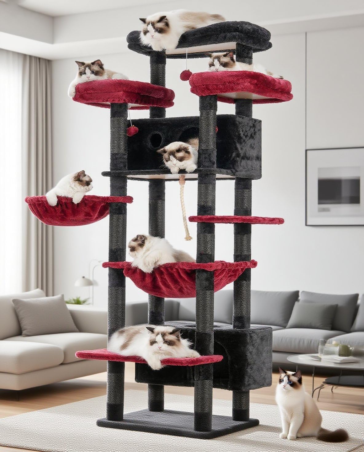 Gitelsnour Cat Tree for Indoor Cats Large Adult, 74" Cat Tower for with 3 Big Platforms, 2 Baskets, 2 Condos, Multi-Level Cat Scratching Posts, Black