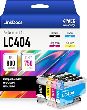 LinkDocs LC404 Ink Cartridges Replacement for Brother LC404 to use with Brother MFC-J1205W MFC-J1215W Printers Black Cyan Magenta Yellow 4 Pack