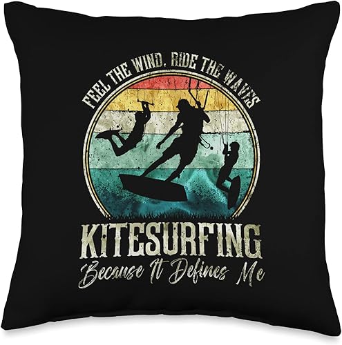 Summer Kitesurf Apparel For Kitesurfers Retro Kitesurfing Feel The Wind, Ride The Waves Quote Throw Pillow, 16x16, Multicolor