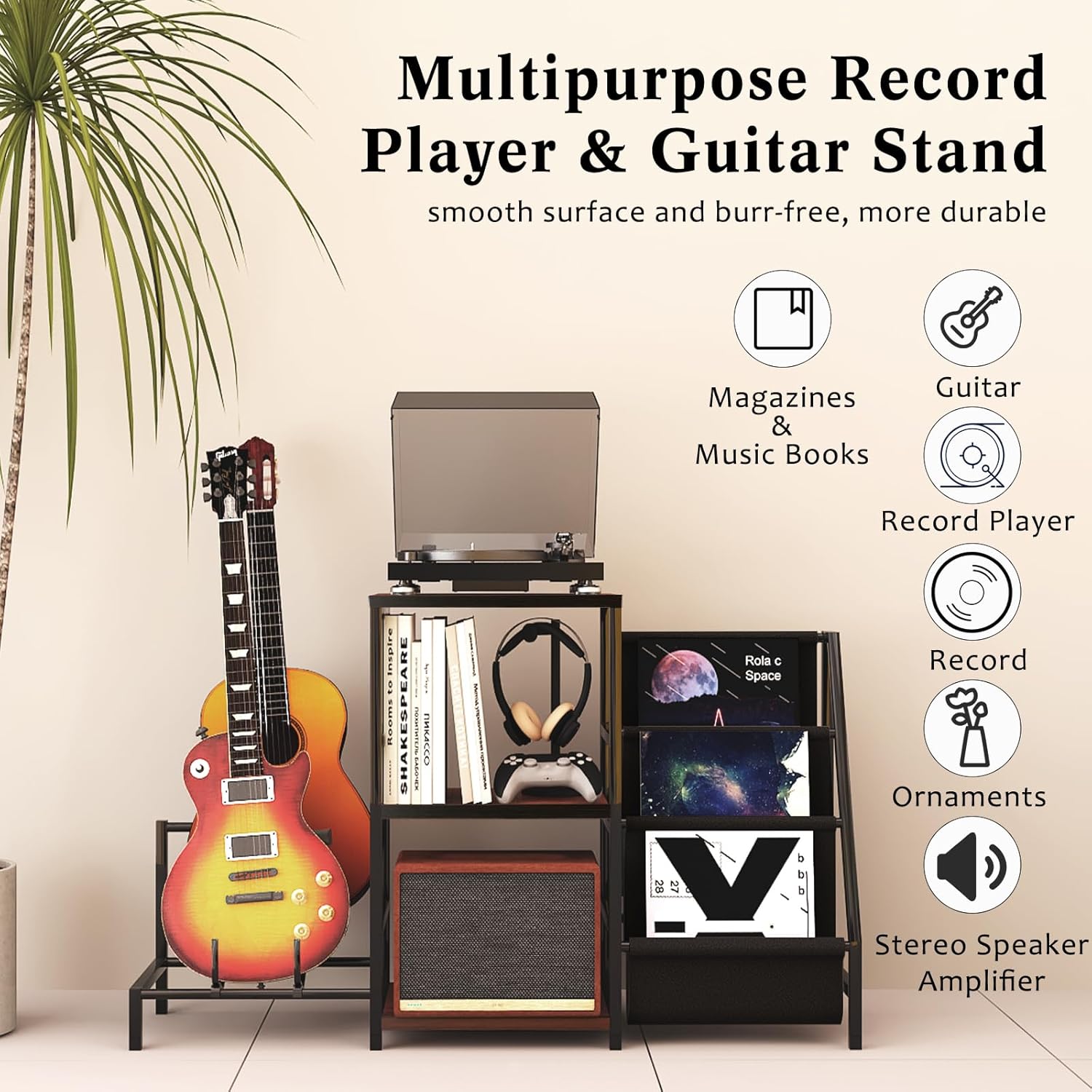 EASTROCK Guitar Stand & Record Player Table - 3-Tier Vinyl Record Storage for Acoustic, Electric Guitar, Bass, Speaker, Amp