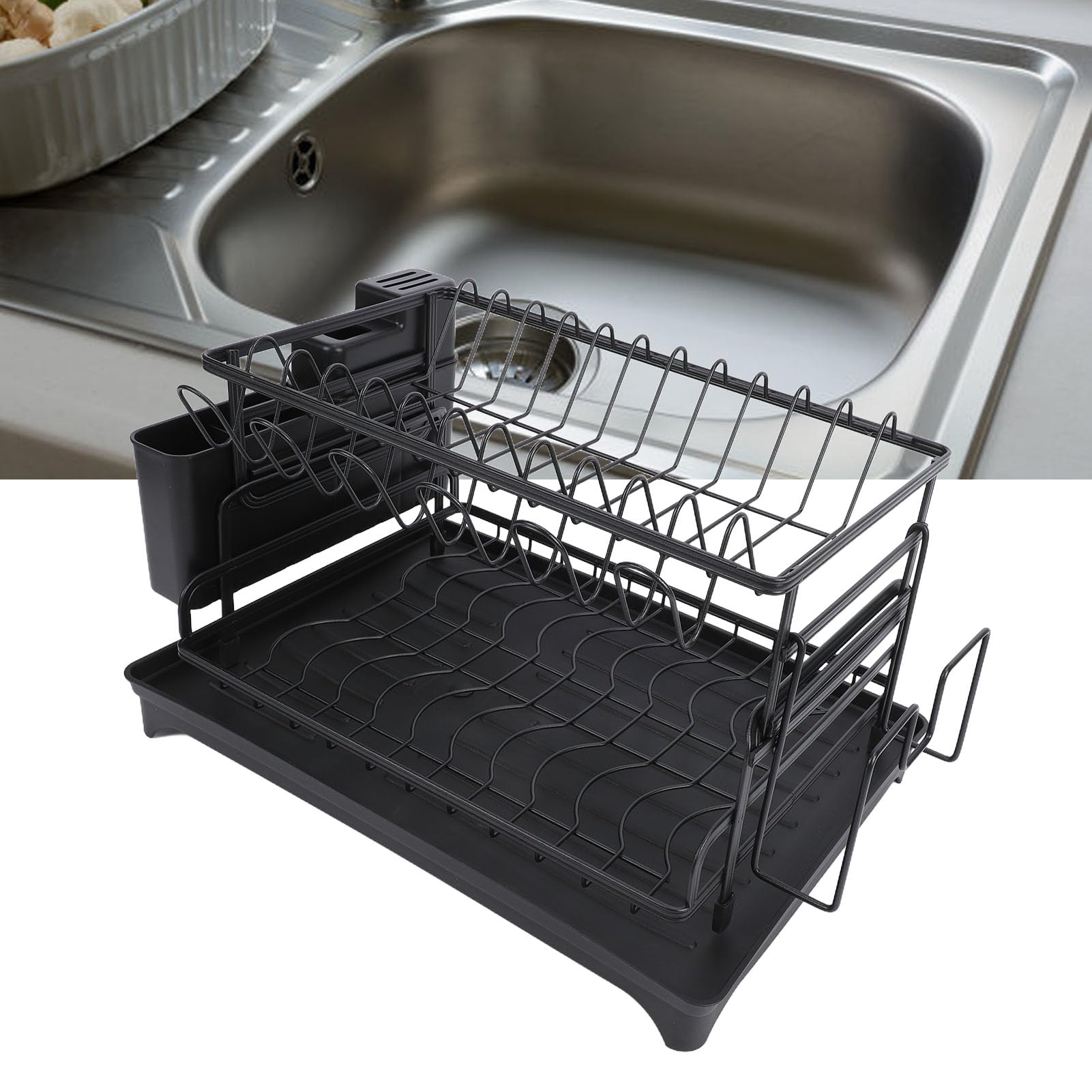Cocoarm Doppelschichtiges Küchenregal, Abtropfgestell, Arbeitsplatten-Geschirrorganisator aus Kohlenstoffstahl mit Utensilienhalter und Abtropfschale, 16,54 X 11,81 Zoll für Kleine Küchen, Wohnungen