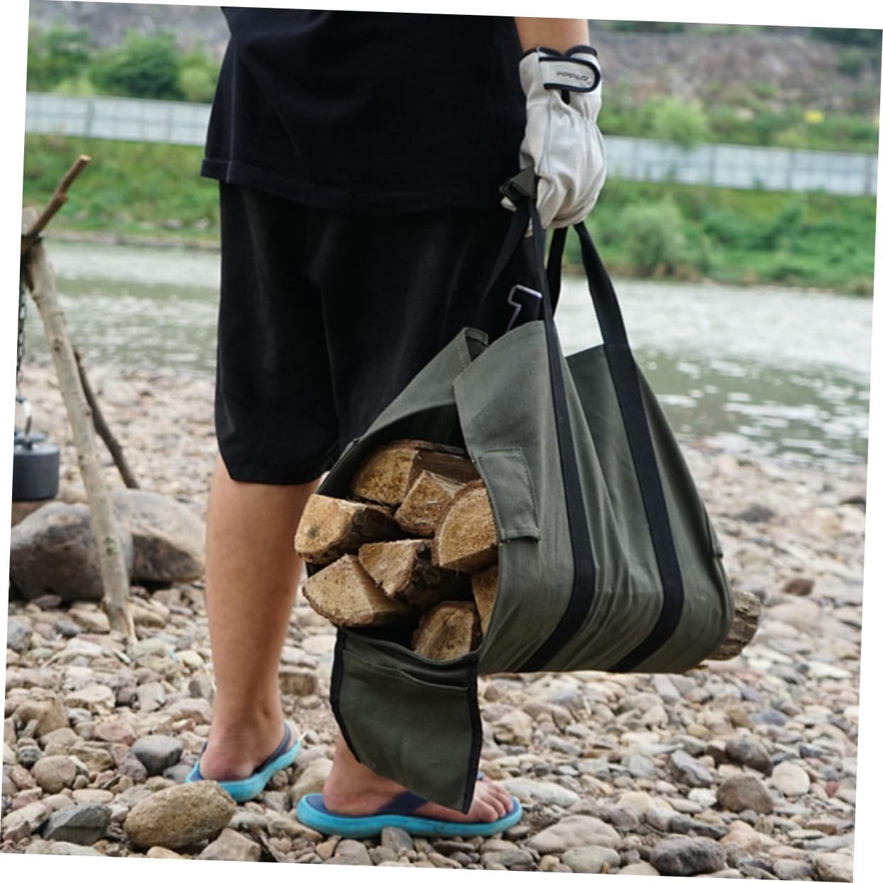 KICHOUSE Portable Firewood Carrier with Aluminum Alloy Rack and Canvas Bag