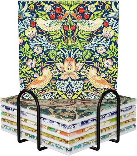 Miniatura 2 de William Morris - Juego de 6 posavasos absorbentes con soporte, decoración de mesa auxiliar, posavasos de piedra de cerámica con base de corcho,