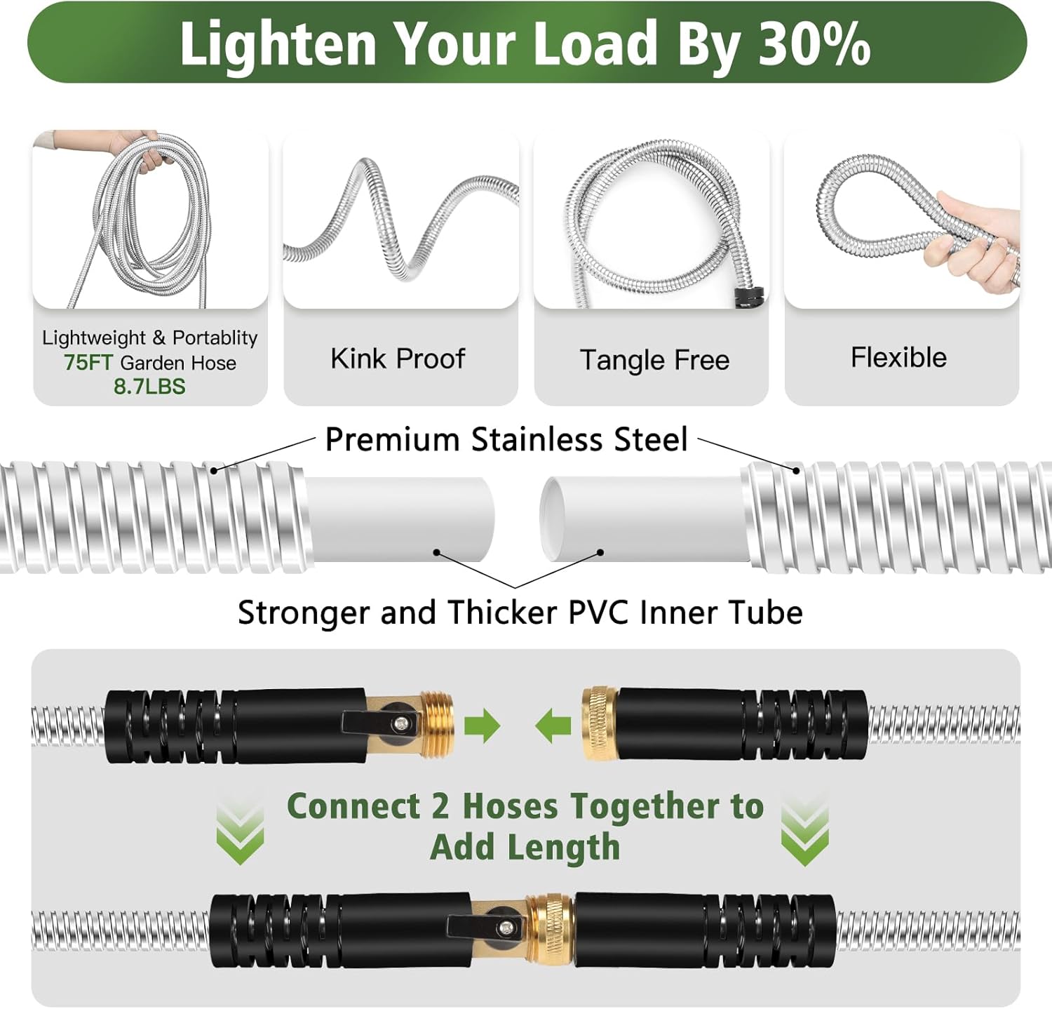 Metal Garden Hose 75 ft Stainless Steel Water Hose Heavy Duty Flexible Lightweight Durable Long No Kink Hoses Pipe with 10 Function Nozzle Strong 3/4’’ Solid Brass Fitting for Outdoor Yard