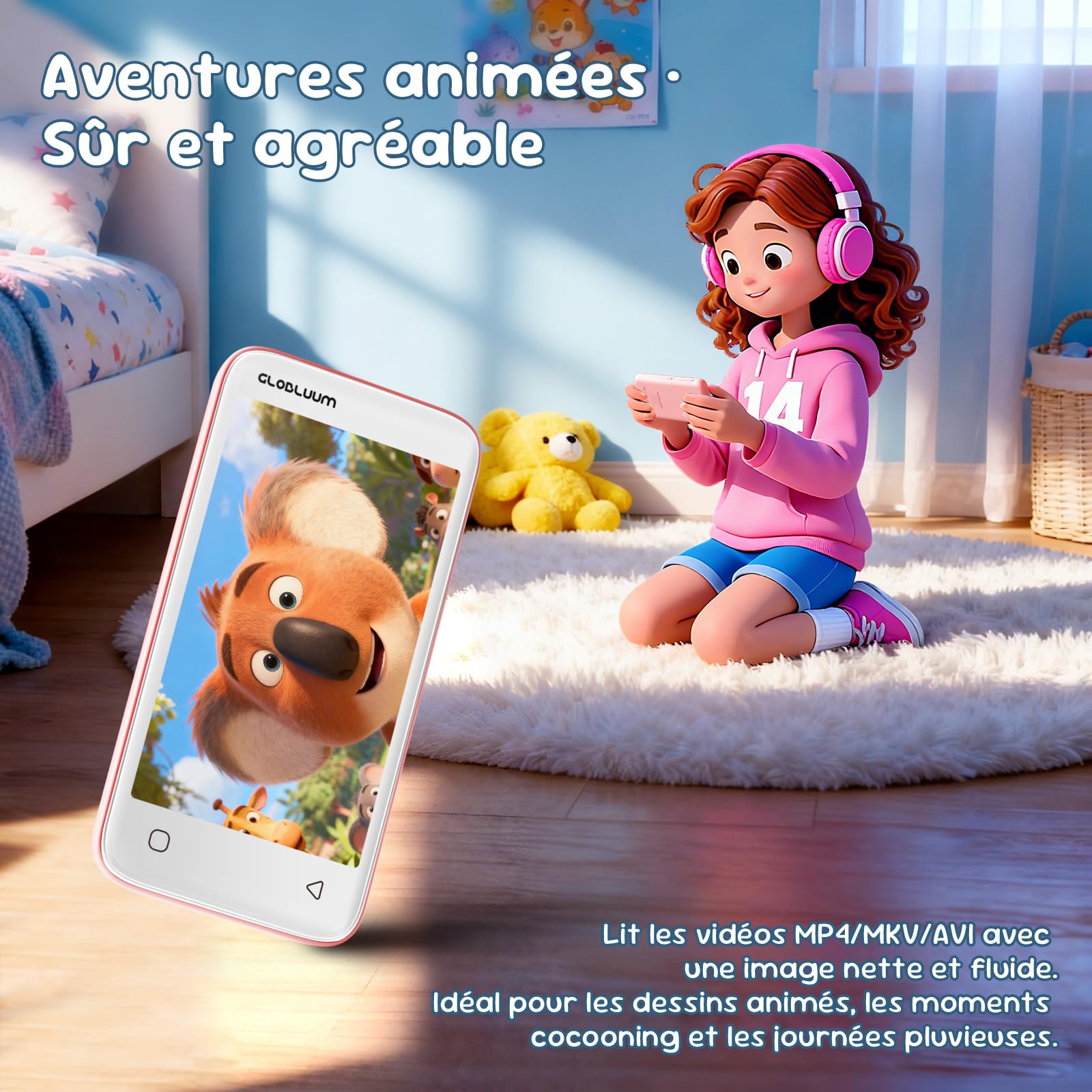Lecteur MP3 pour Enfants avec contrôle Parental, accès à Spotify et Audible, 16 Go, Bluetooth et Wi-FI (Rose Cerisier)