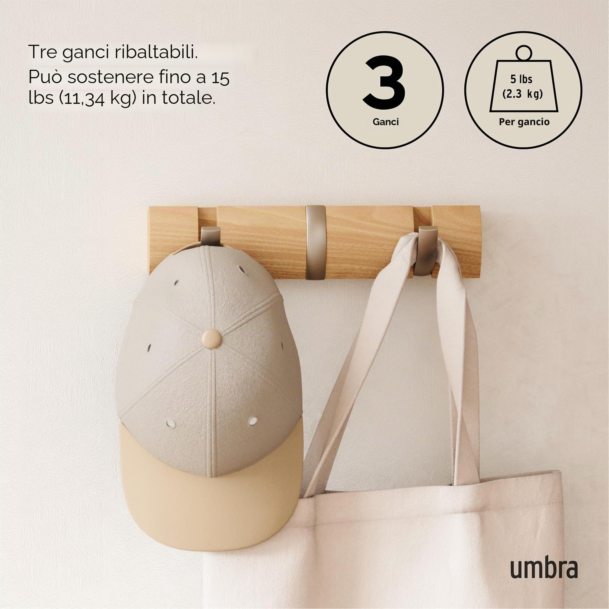 Umbra Appendiabiti da Parete a 3 Ganci, Moderno, Elegante, salvaspazio, con 3 Ganci retrattili per Appendere Cappotti, Sciarpe, Borse e Altro, Naturale
