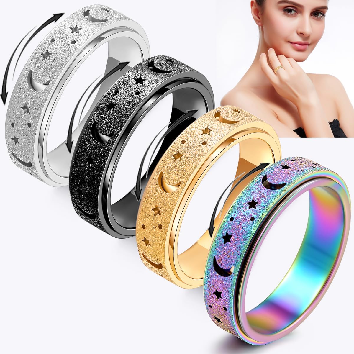 Anxiety Ring for Women Fidget Toys Adults Spinner Ring Stainless Steel 6mm Moon Star Symbol Band Thumb Ring Men Sandblasted Rainbow/Black/Gold/Rose Gold/Silver Color, Size 5/6/7/8/9/10/11