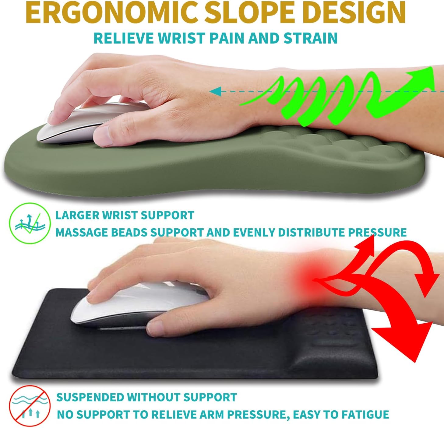 Hokafenle 2 in 1 Ergonomic Mouse Pad Wrist Support & Wrist Rest for Computer Keyboard Set, with Relieve Carpal Tunnel Pain Massage Bulge and Full Memory Gel Design (2In1 Set, Dark Green) - Image 5