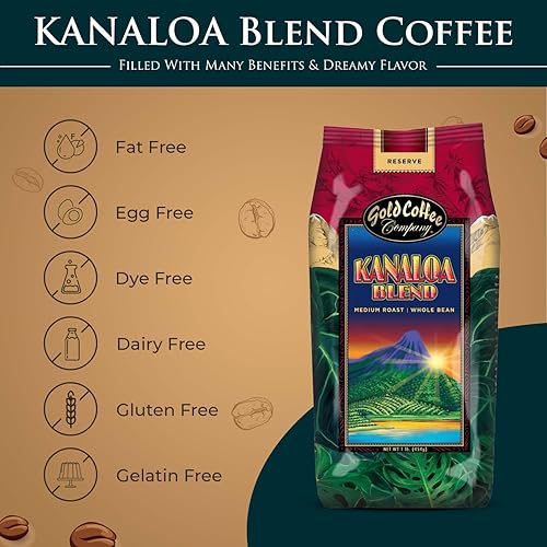 Miniatura 5 de Gold Coffee Kanaloa Blend café de grano entero de tostado medio, 1 libra (paquete de 4), granos de café con notas suaves, refrescantes y