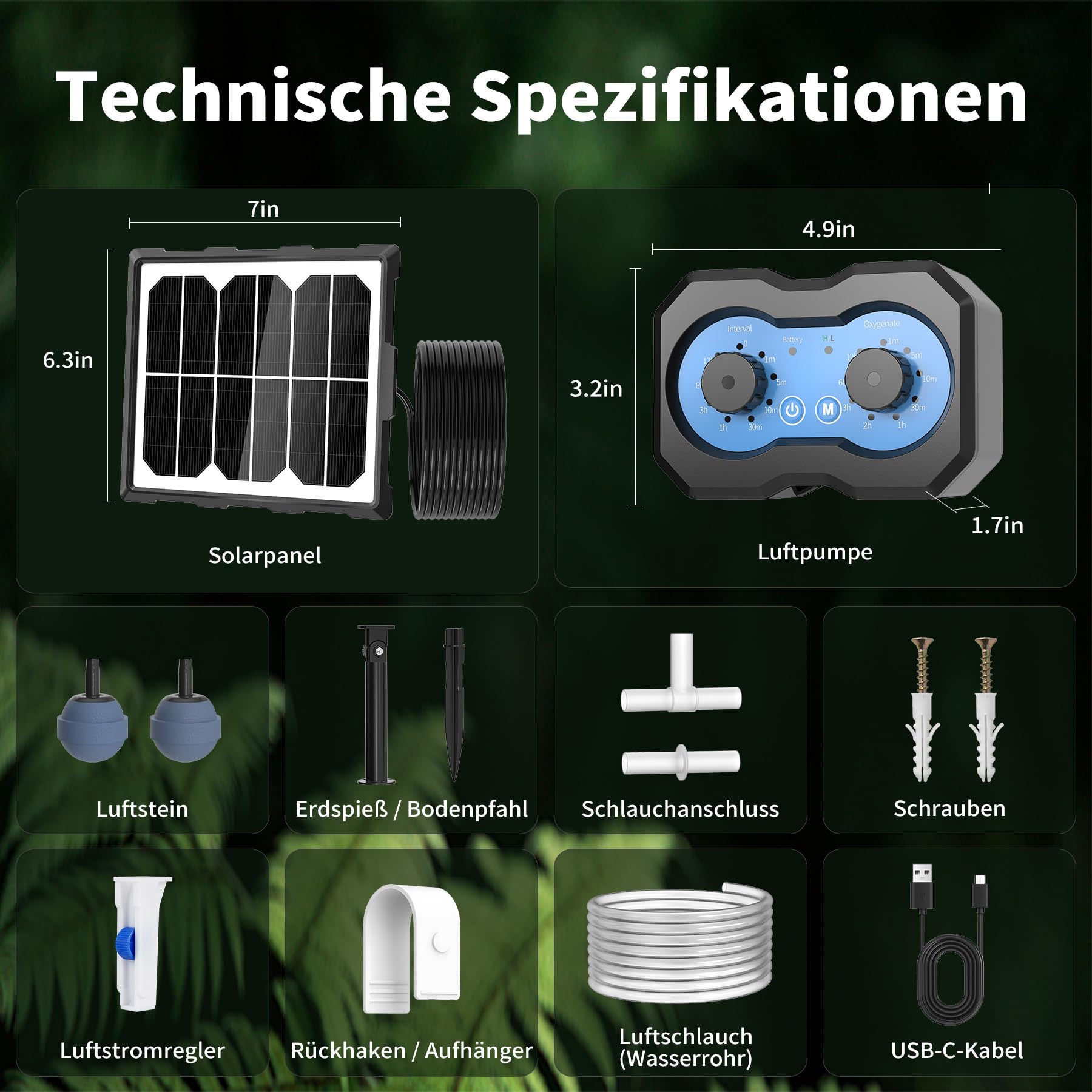 Teichbelüfter Solar mit Akku, 3W Solar Sauerstoffpumpe für Teich, Aufladbar Aquarium Luftpumpe mit 2200 mAh 146 Modi für Wasserzirkulation im Garten Teich Aquarium Fischzucht