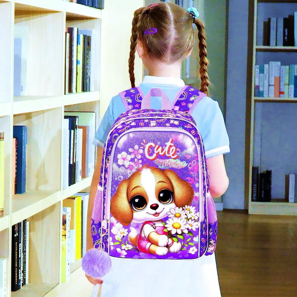 16" Girls Backpack, 3Pcs Dog School Bookbag with Lunch Box, Kids Backpacks for Elementary Preschool Kindergarten(Purple) - Image 8