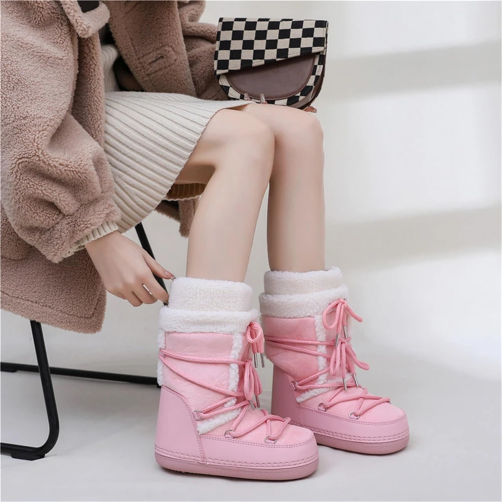 Botas de Nieve for Mujer, Botas Gruesas Blancas y Negras, Plataforma con Cordones for Invierno, esquí Impermeables a Media Pantorrilla for(Pink L4,41-42)