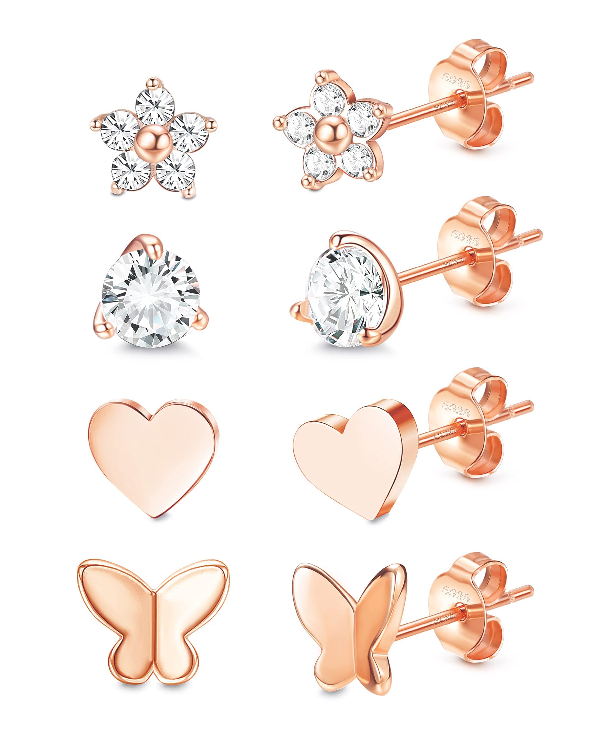 ORAZIO4 Pairs 925 Sterling Silver Stud Earrings Set for Women Girls, Heart CZ Butterfly Moon Stud Earrings Hypoallergenic Cubic Zirconia Cartilage Earrings Set
