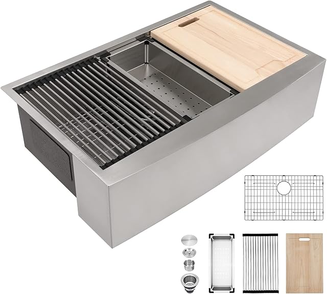 Kichae 36 Inch Farmhouse Kitchen Sink Ledge Workstation Apron Front Sink Farmer Sink Stainless Steel Single Bowl Handmade Modern Farm Style Sink with Accessories