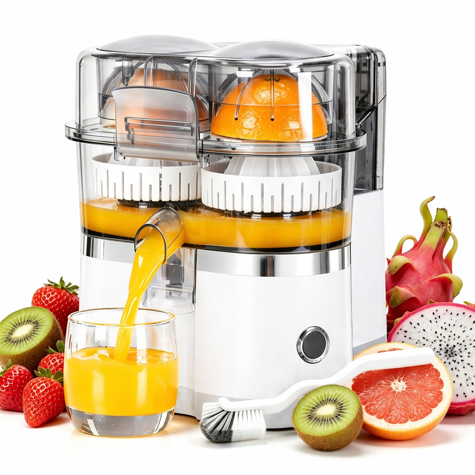 Exprimidor Eléctrico De Cítricos Con Doble Cabezal, Prensa Automática Para Naranja Limón Lima Y Limpieza Fácil (White)