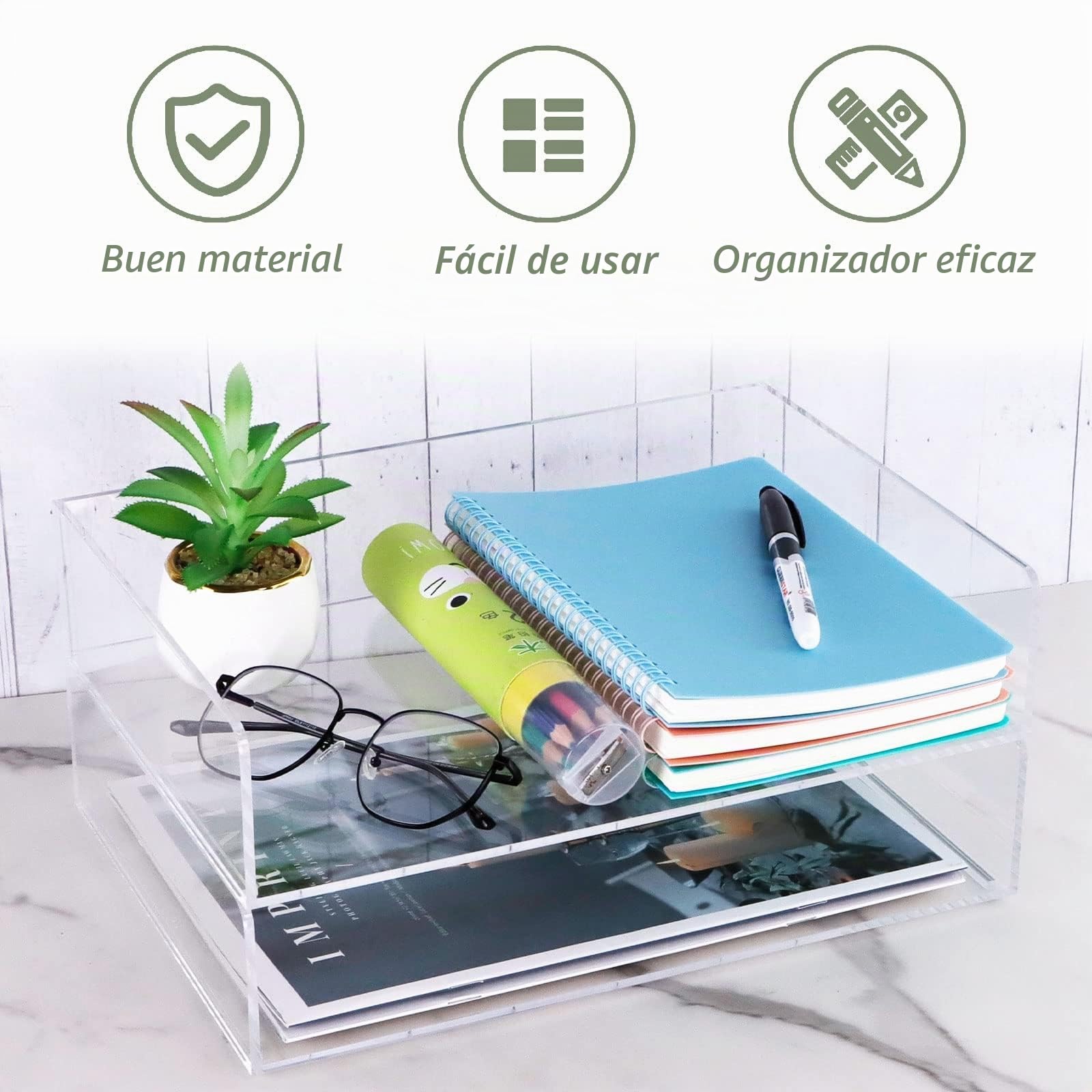 Organizador de Escritorio de acrílico Transparente, Bandeja organizadora de Papel de 2 Niveles, apilable, Bandeja de Archivos para aulas, Suministros de Espacio de Trabajo, Accesorios para Documentos