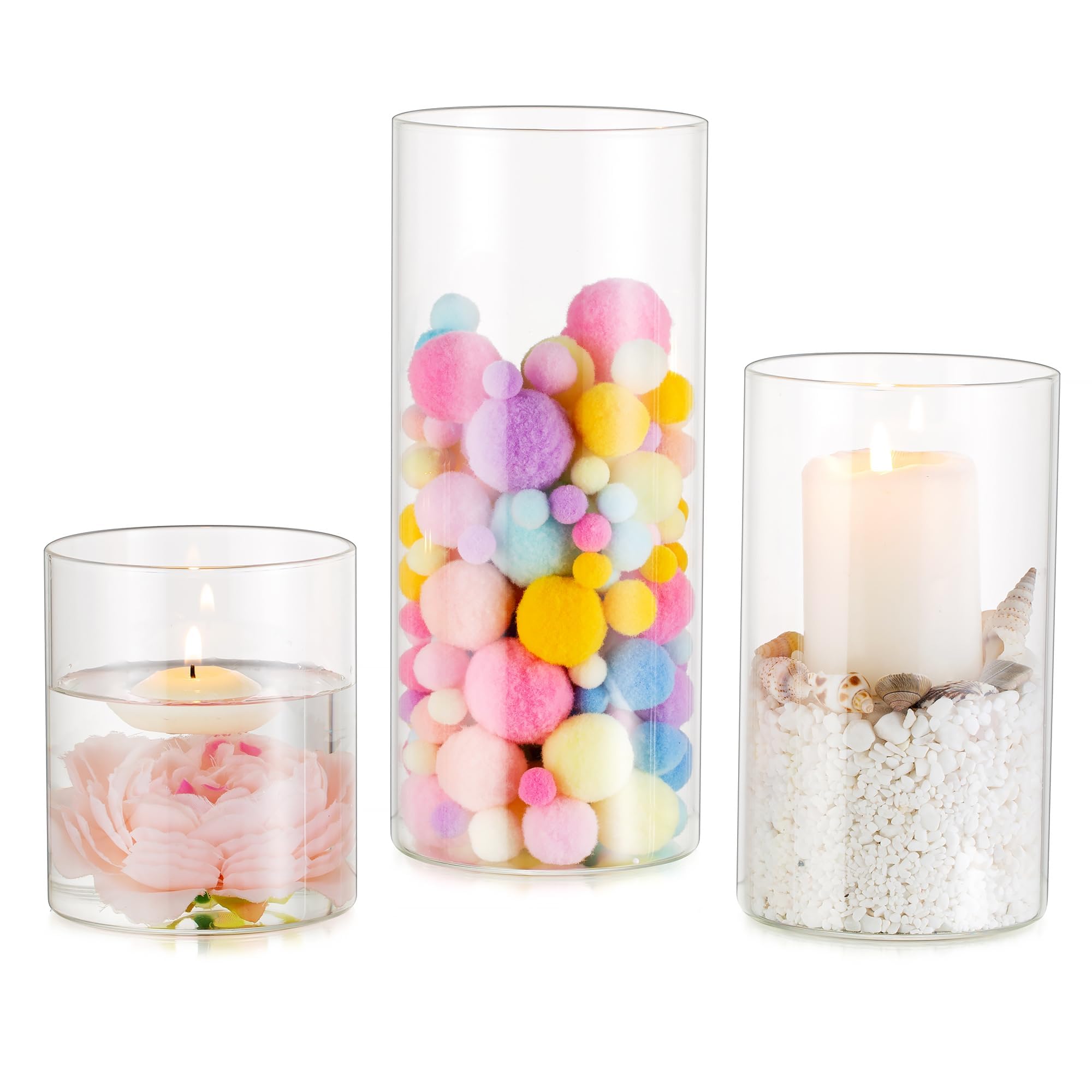 Romadedi Candelabro in vetro portacandele – 3 portacandele trasparenti per candele galleggianti, candele in vetro con fondo per erba della pampa, vasi per decorazione da tavolo, soggiorno, matrimonio,