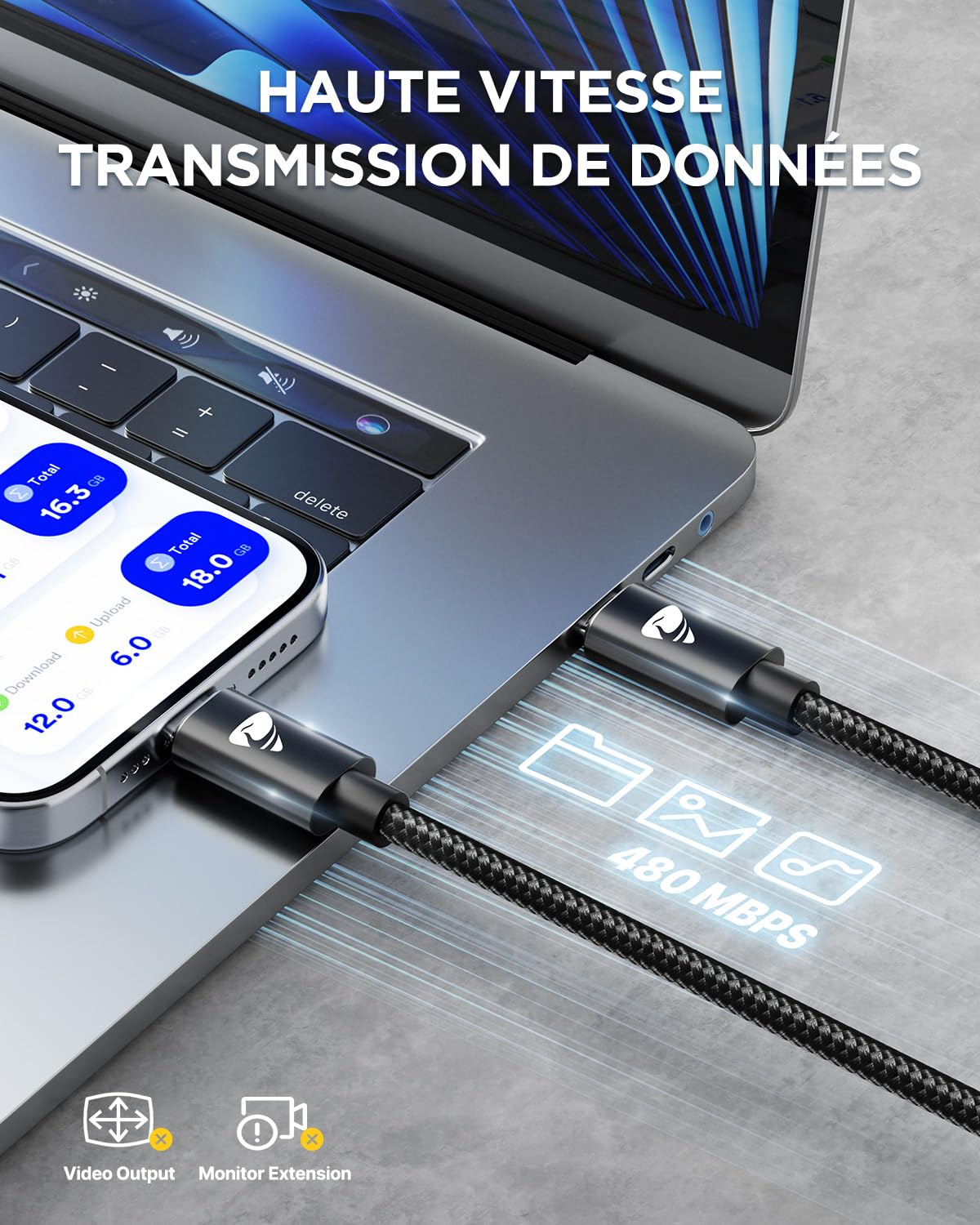 Câble USB C vers USB C 100W 5A 2M PD3.0 Charge Rapide pour iPhone 15 16 Pro Max Plus iPad Samsung S25 S24 S23
