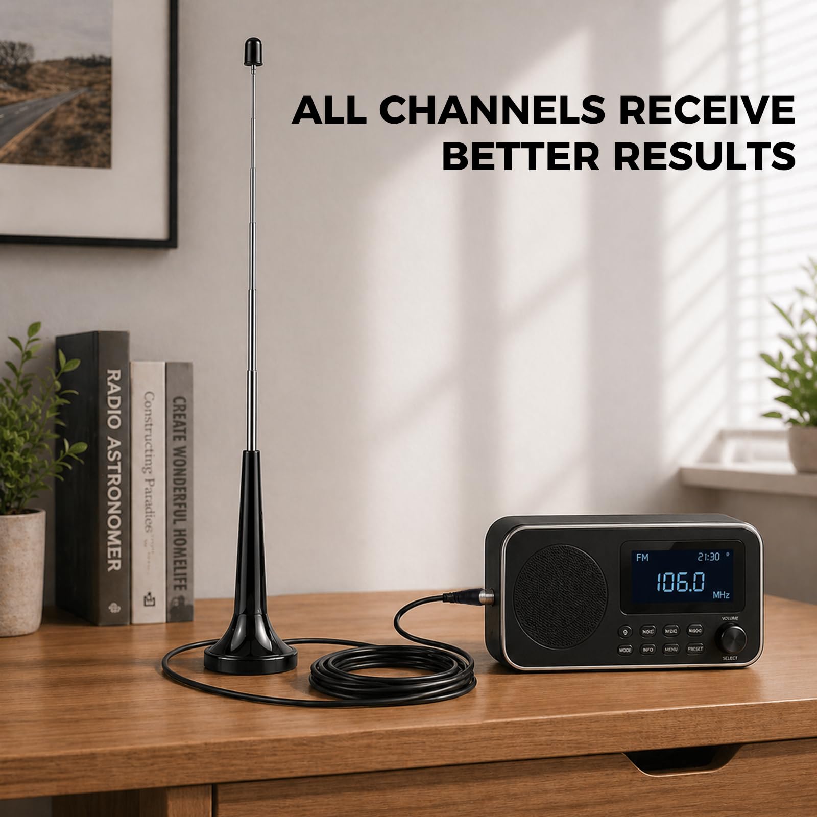 Antenne TV Intérieur Puissante, Antenne Radio FM Dab Intérieur Télescopique avec Base Magnétique, Câble 3m pour Récepteurs Stéréo 75 Ohm Chaine HiFi Tuner FM Poste Radio, Plug and Play