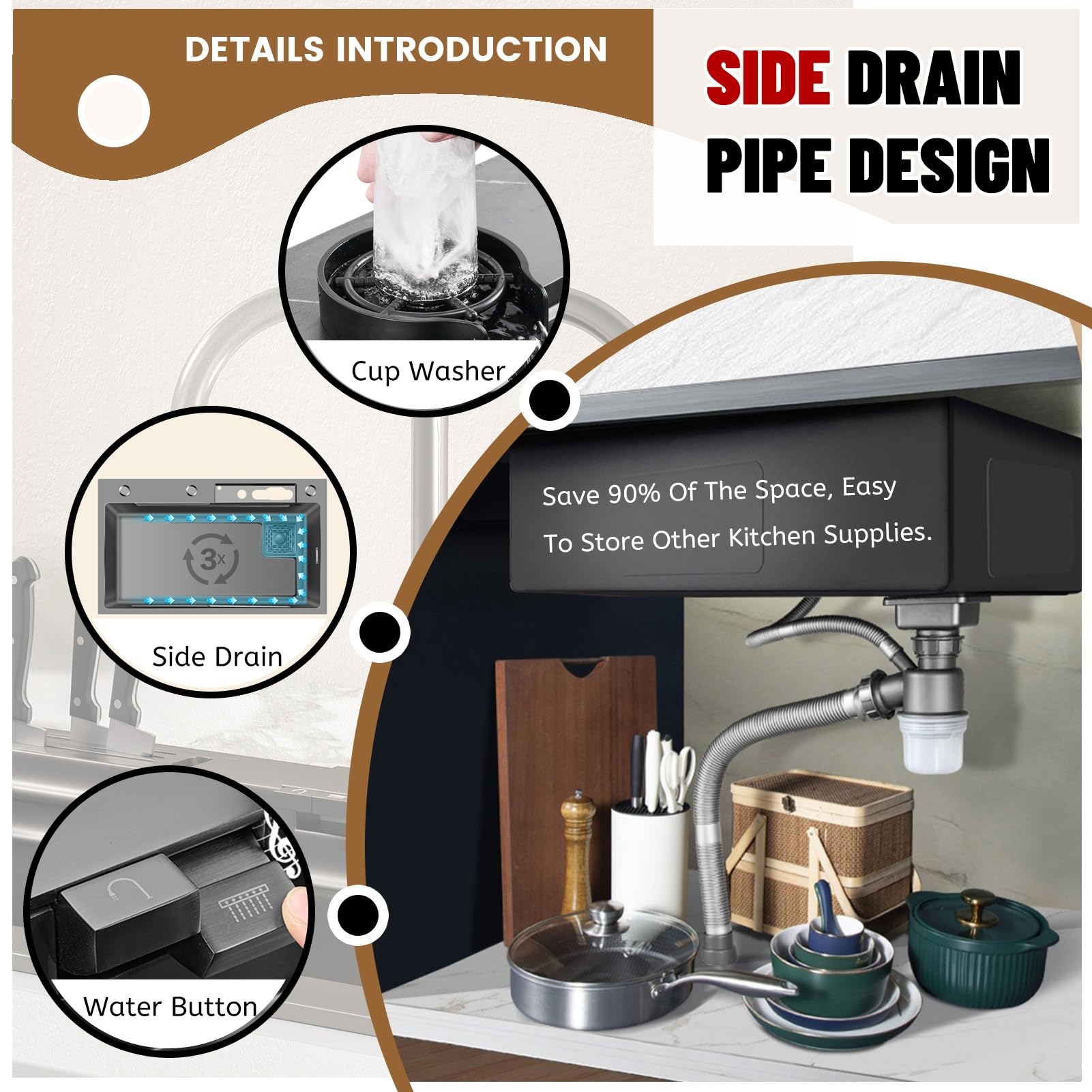 Fregadero de Cocina Grande Tipo Cascada, Fregadero Inteligente con Grifo extraíble, Kit de Lavado de Tazas y desagüe, Fregadero de Acero Inoxidable de un Solo Seno Estilo Granja pa