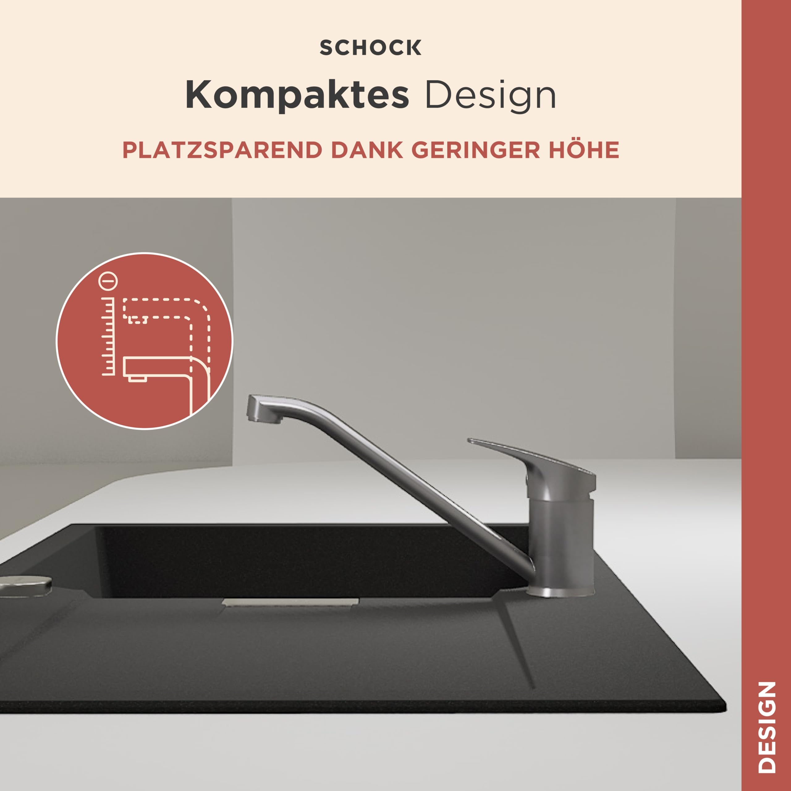 SCHOCK® Küchenarmatur Evinas Edelstahl I Hochdruck Einhebelmischer 360° drehbar I Armatur mit platzsparendem Festauslauf I Flüsterperlator für leisen Wasserstrahl