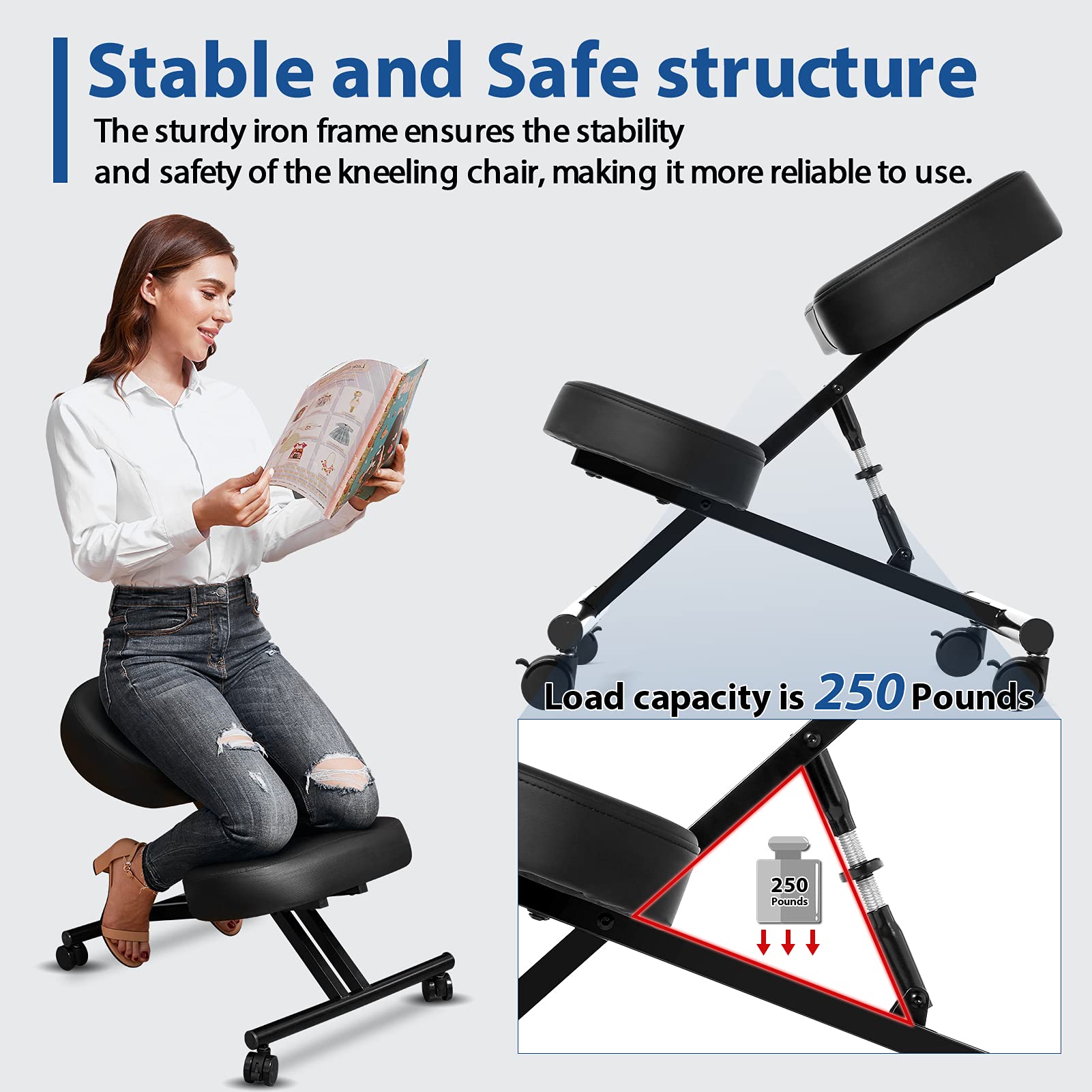 Ergonomic Kneeling Chair, Adjustable Stool for Home and Office - Improve Your Posture with an Angled Seat - Thick Comfortable Moulded Foam Cushions - Brake Casters