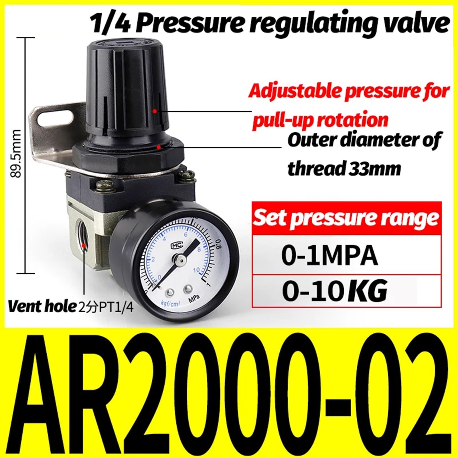 Mini regulator ciśnienia powietrza G1/4, regulowany pneumatyczny zawór redukcyjny z manometrem do sprężarki (AR2000-02-01)
