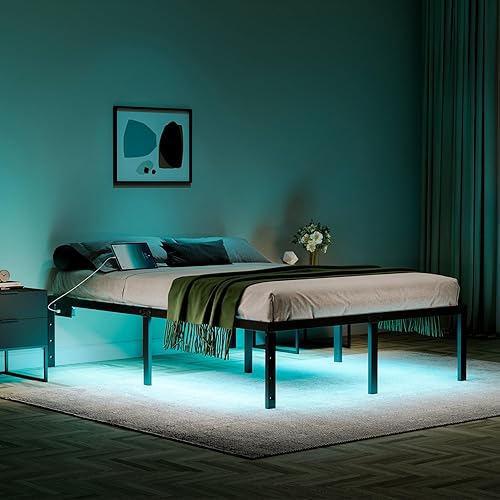 Miniatura 8 de Base de cama Queen con luces LED y estación de carga, marco de cama de plataforma de metal resistente de 14 pulgadas, no necesita somier, fácil