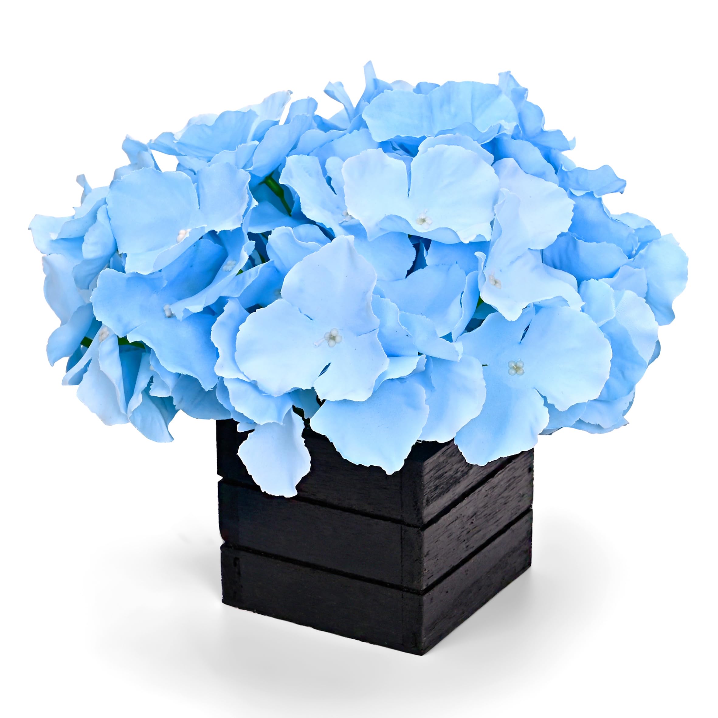 CVHOMEDECO. Blue Hydrangea with Wooden Vase Artificial Silk Hydrangeas in Black Wood Box for Home Decor. Idea for Wife, Him or Her, Valentines Day