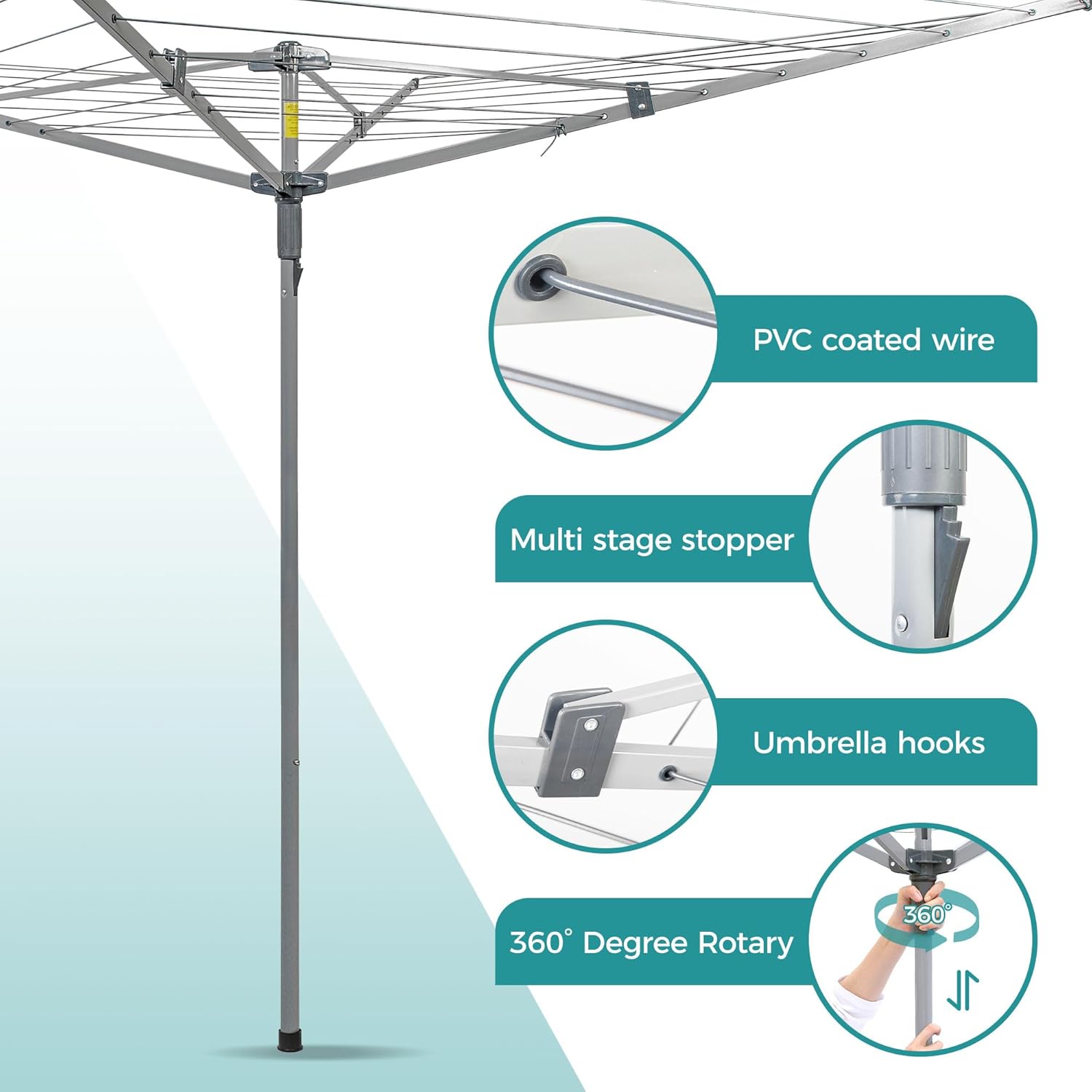 JS HANGER Umbrella Clothesline Outdoor, Height Adjustable Rotary Clothes Drying Rack 131Feet/45m Retractable Clothesline Dryer with 4 Arms