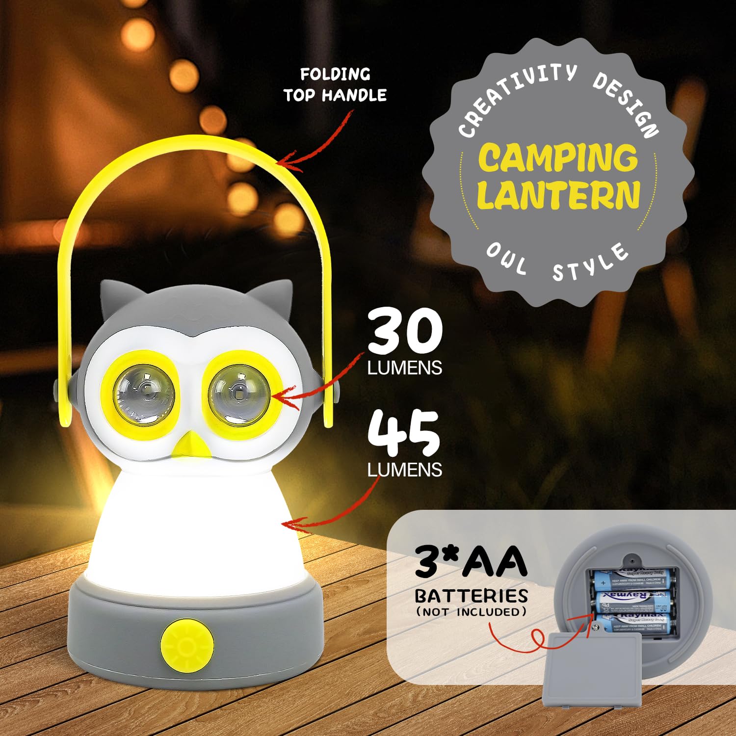 LED Gufo Campeggio Luce Bambini 6-14 Anni, Luce Notturna, Lampada Notturna per Bambini, Lucina Notturna, Luci Notturne, Night Light, Regalo Compleanno Natale Festa Bambini, Batterie Escluse
