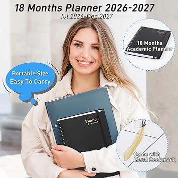 Daily Planner 2026-2027, 18-Month Weekly and Monthly Calendar Planner, July 2026-December 2027, Planning Agenda Book with Laminated Tabs, Flexible Cover, 100GSM Thick Paper, A5 Size,Black