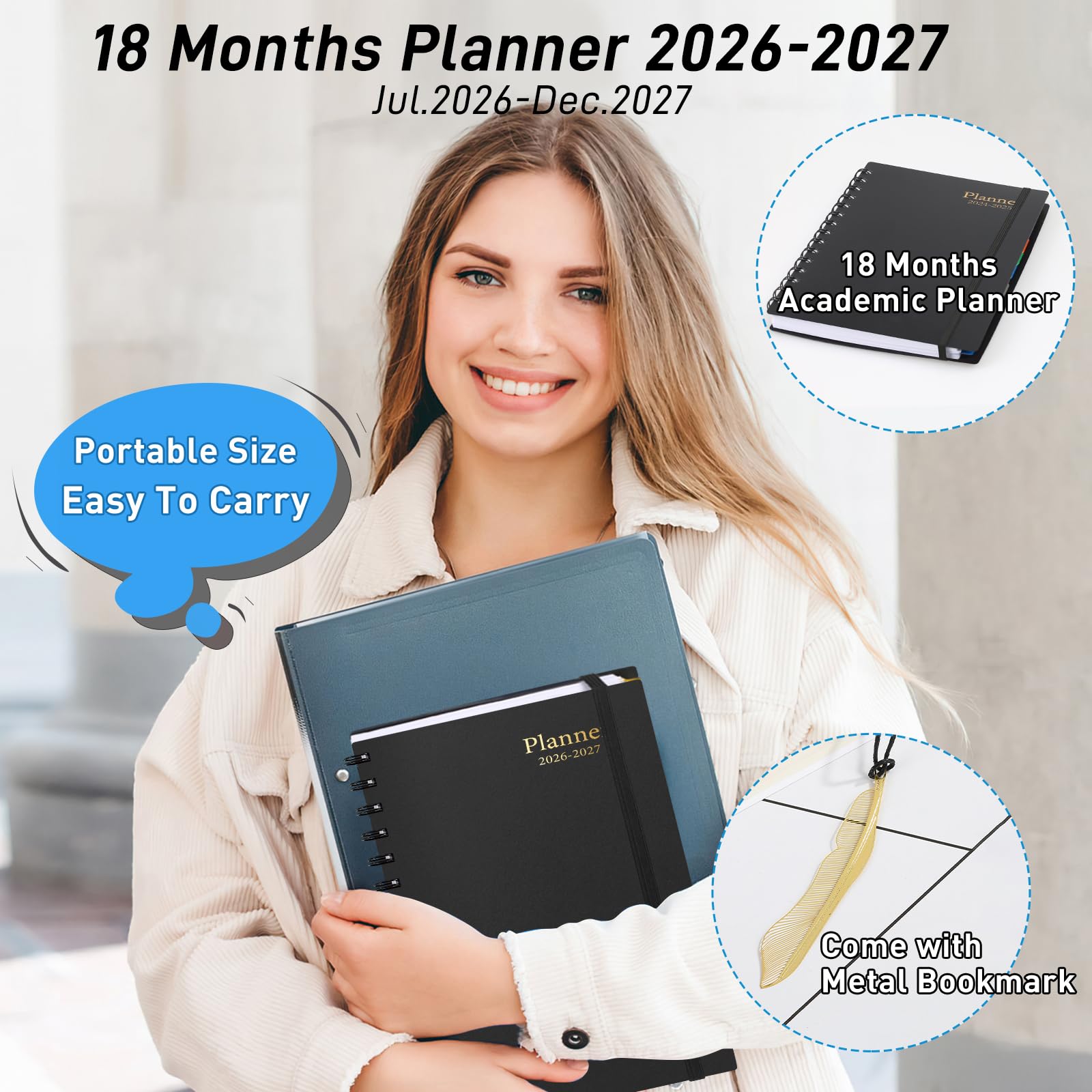 Planer dzienny 2024-2025, planer 18-miesięczny z zakładkami, kalendarz, roczny, miesięczny, tygodniowy, spiralny planer zarządzania czasem, lipiec 2024–grudzień 2025, elastyczna okładka, gruby papier