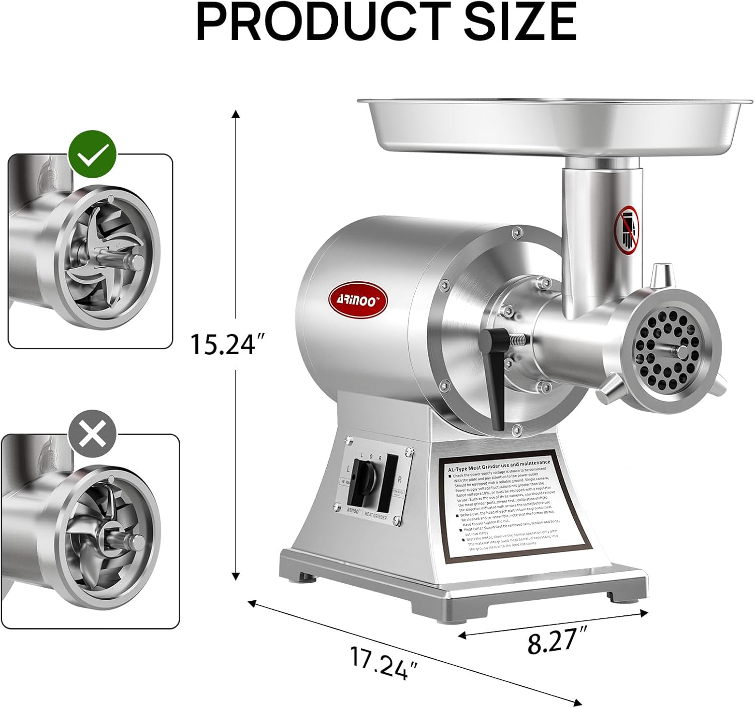 Commercial Meat Grinder #12C, 0.9HP Heavy Duty Stainless Steel Industrial Meat Mincer w/2 Blades & Meat Pusher,Electric Meat Grinders for large batches home butchering, or small farm processing