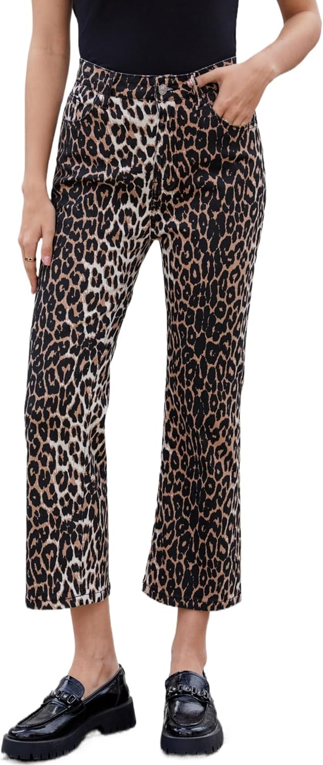 Ladyful Womens Leopard Printed Jeans Pant Cheetah Cropped Flare Jeans Stretchy Mid Rise Denim Pant Trouser