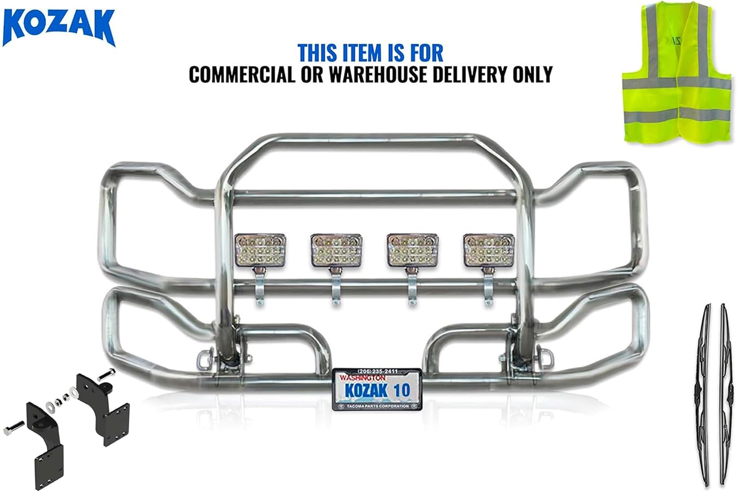 Chrome Front Grille Deer Moose Brush Bumper Guard Large Compatible with Mack CX 1999-2003 PLUS Bracket, 4X 6” LED Lights, Wipers, License Plate Holder and Frame, Vest