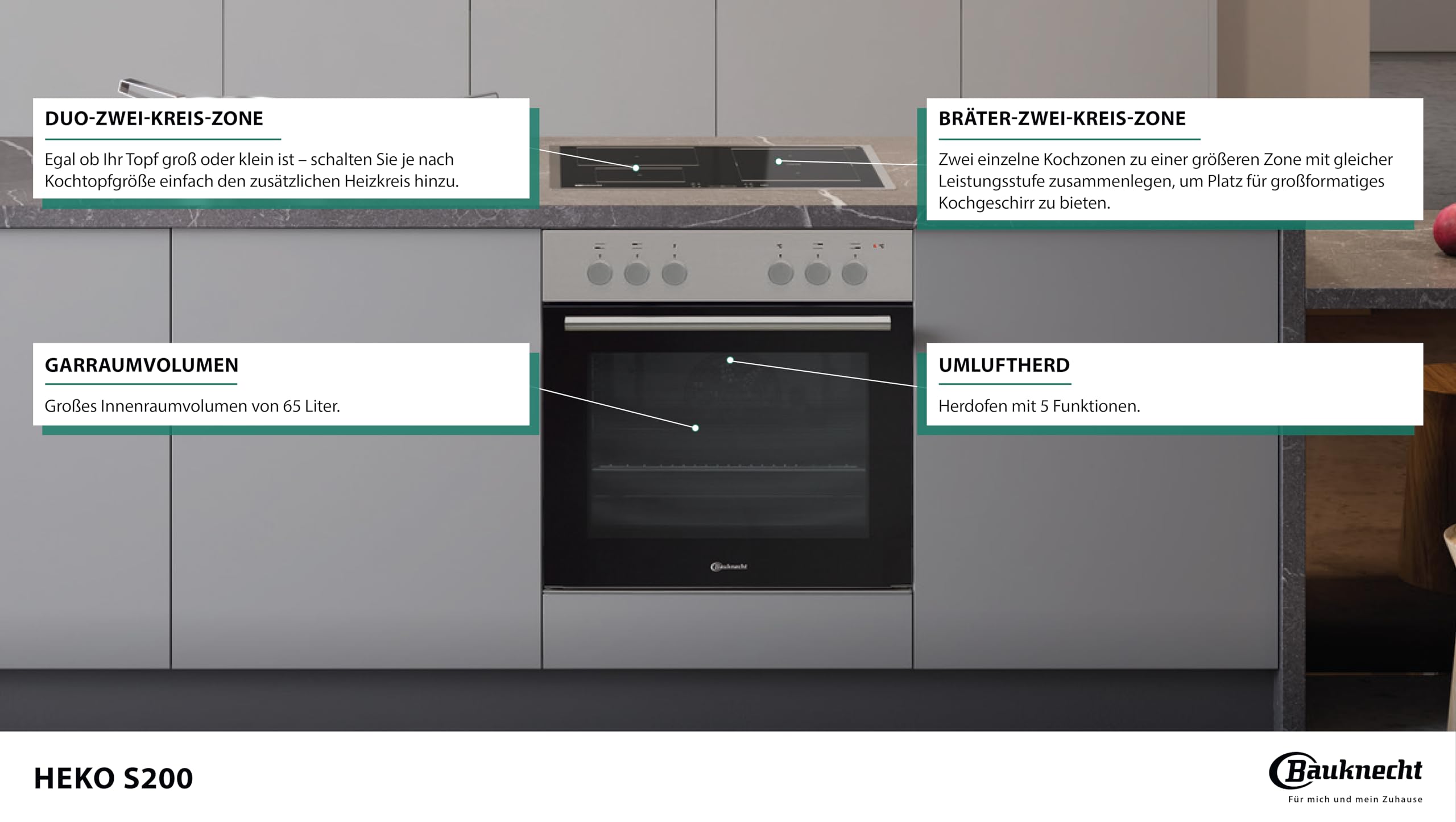 Bauknecht HEKO S200 Herd-Kochfeld Kombination/Glaskeramik-Kochfeld (60cm)/ Umluftherd mit 5 Funktionen/Kochstellensteuerung Cookmatic