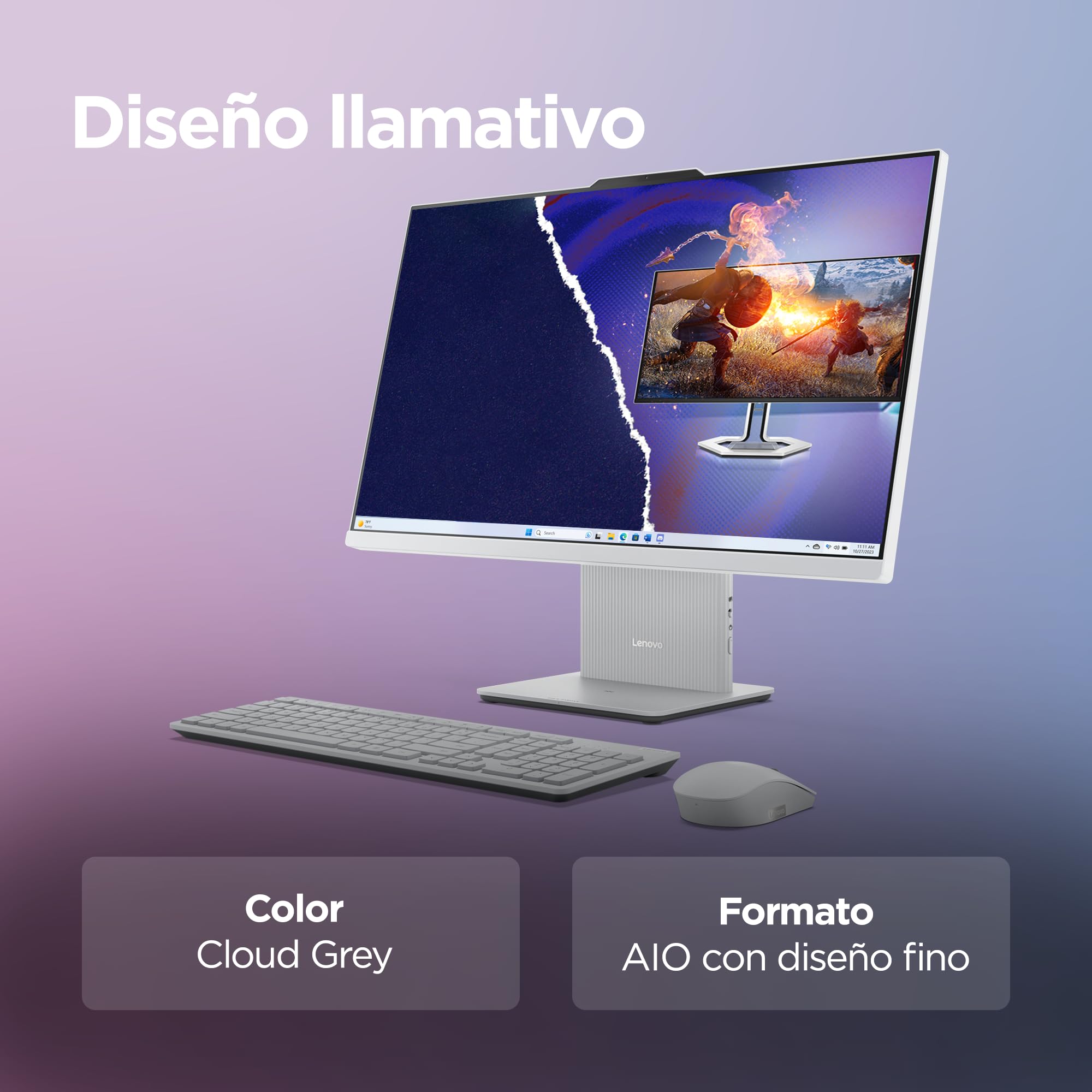 Lenovo IdeaCentre AIO i Gen 9 - Ordenador de Sobremesa 27" FHD (Intel Core i7-13620H, 16 GB RAM, 1 TB SSD, Intel UHD Graphics, Wi-Fi 6, Win11 Home) Incluye Teclado QWERTY Español y Ratón - Gris Nube