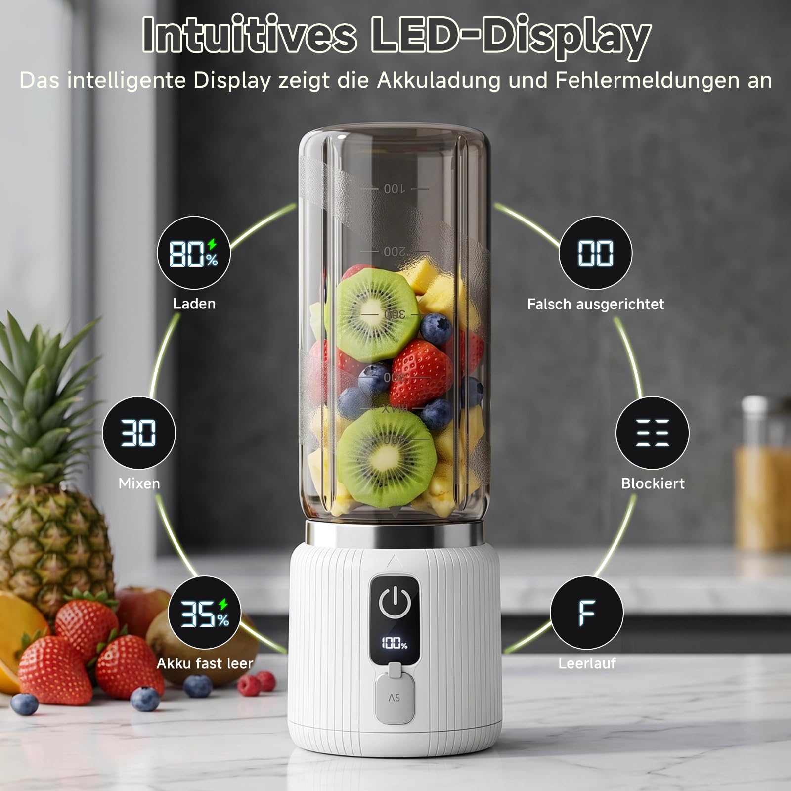 COKUNST Tragbarer Mixer mit LED Anzeige, Deckel, 22000 U/min, 500 ml, Weiß | kleiner Smoothie & Shake Maker mit 8 Klingen, USB-C aufladbarer Mini Personal Blender für unterwegs, Fitnessstudio, Reisen