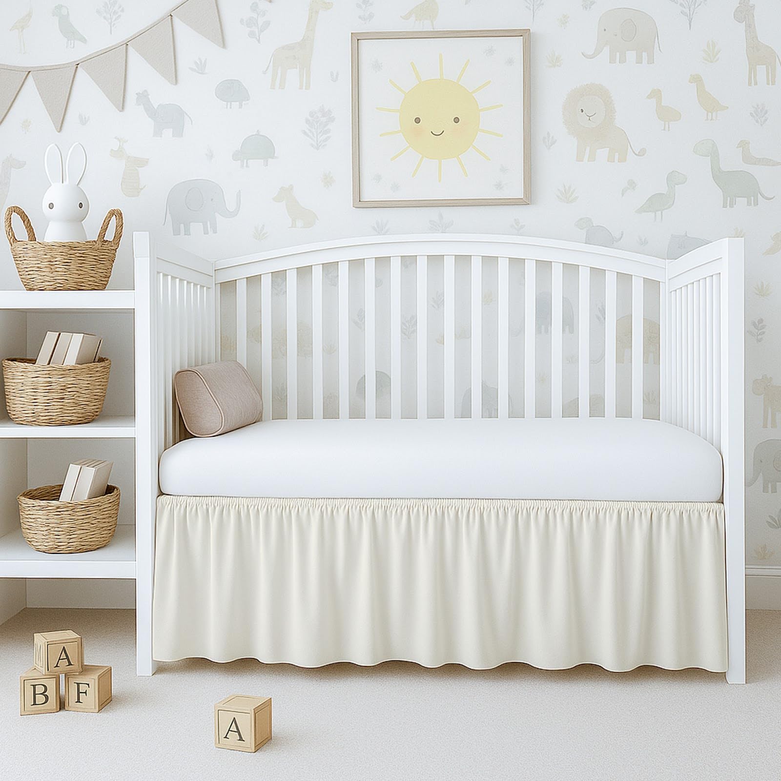 Ivory Crib Skirt Dust Ruffle, 100% Natural Cotton-Nursery Crib-Toddler Bedding Skirt for Baby Girls or Boys, 14" Drop