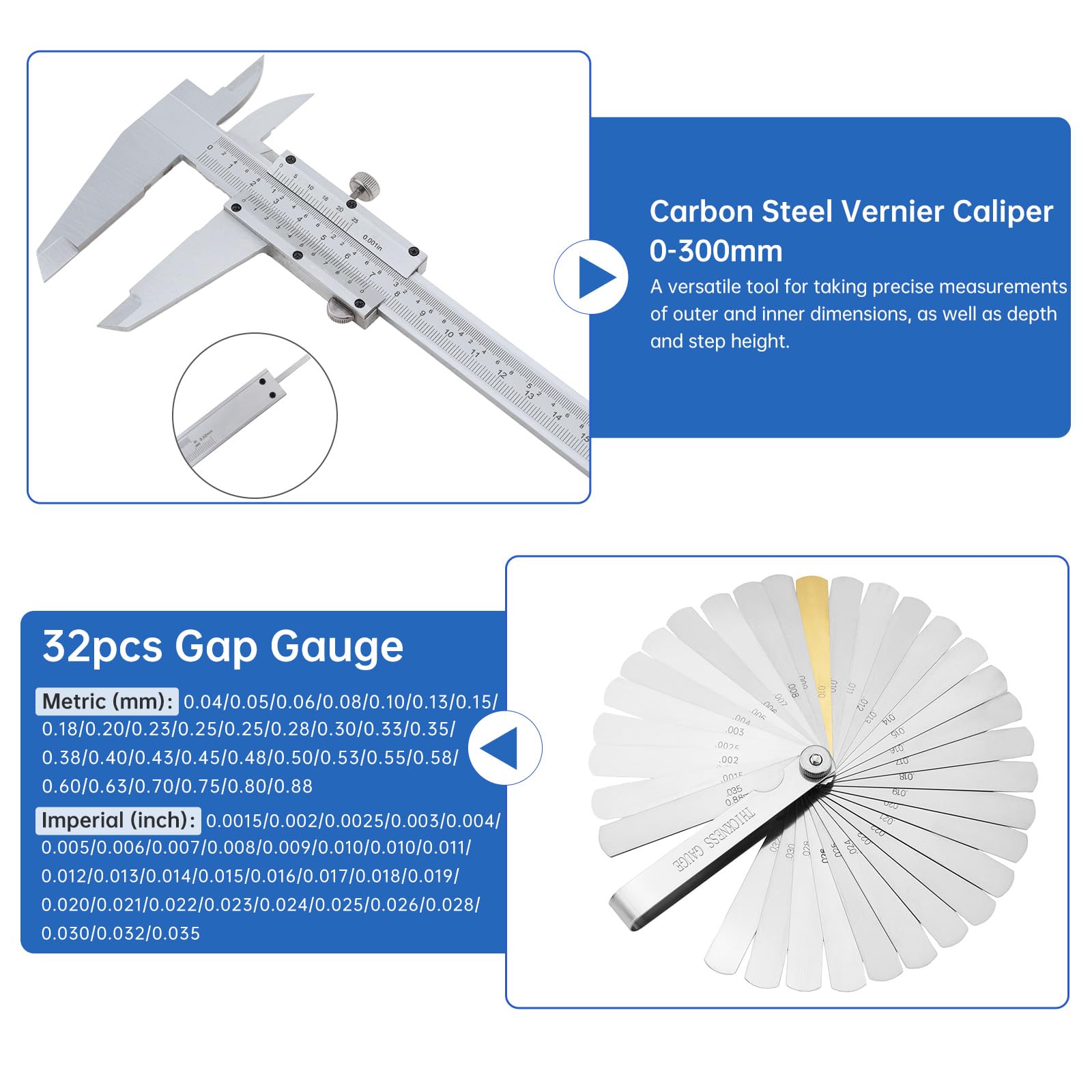 Pied à coulisse en acier au carbone de 0 à 300 mm avec 32 jauges d'épaisseur en acier inoxydable, kit d'outils de mesure double échelle de lecture pour le travail du bois/piston
