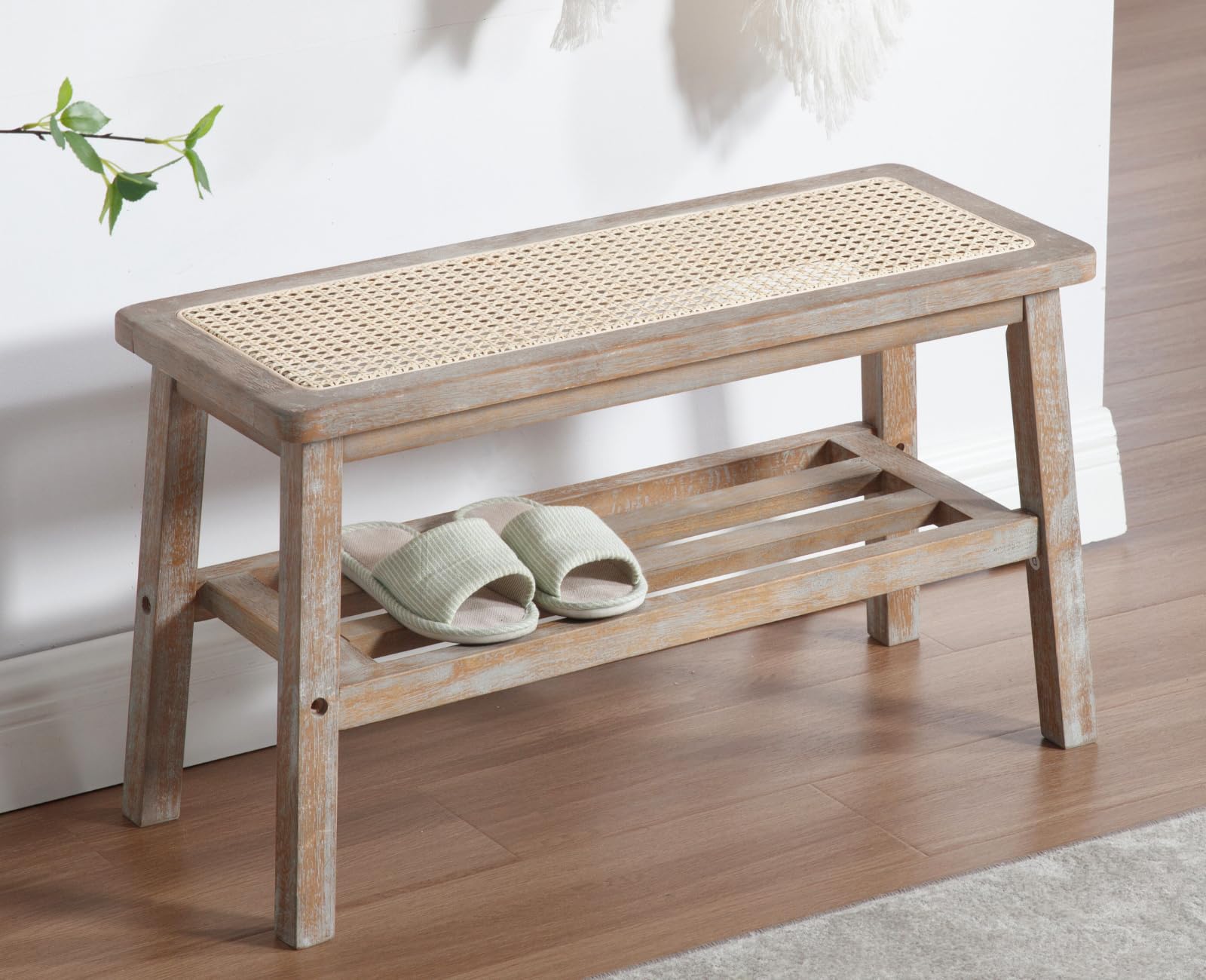 Rattan Entryway Bench Wood Bench with Shoe Rack 30 Inch Small Bench Seat Storage Indoor Distressed Wooden Dining Bench Farmhouse Vintage Rustic Accent Bench for Porch/Dining Room/Living Room