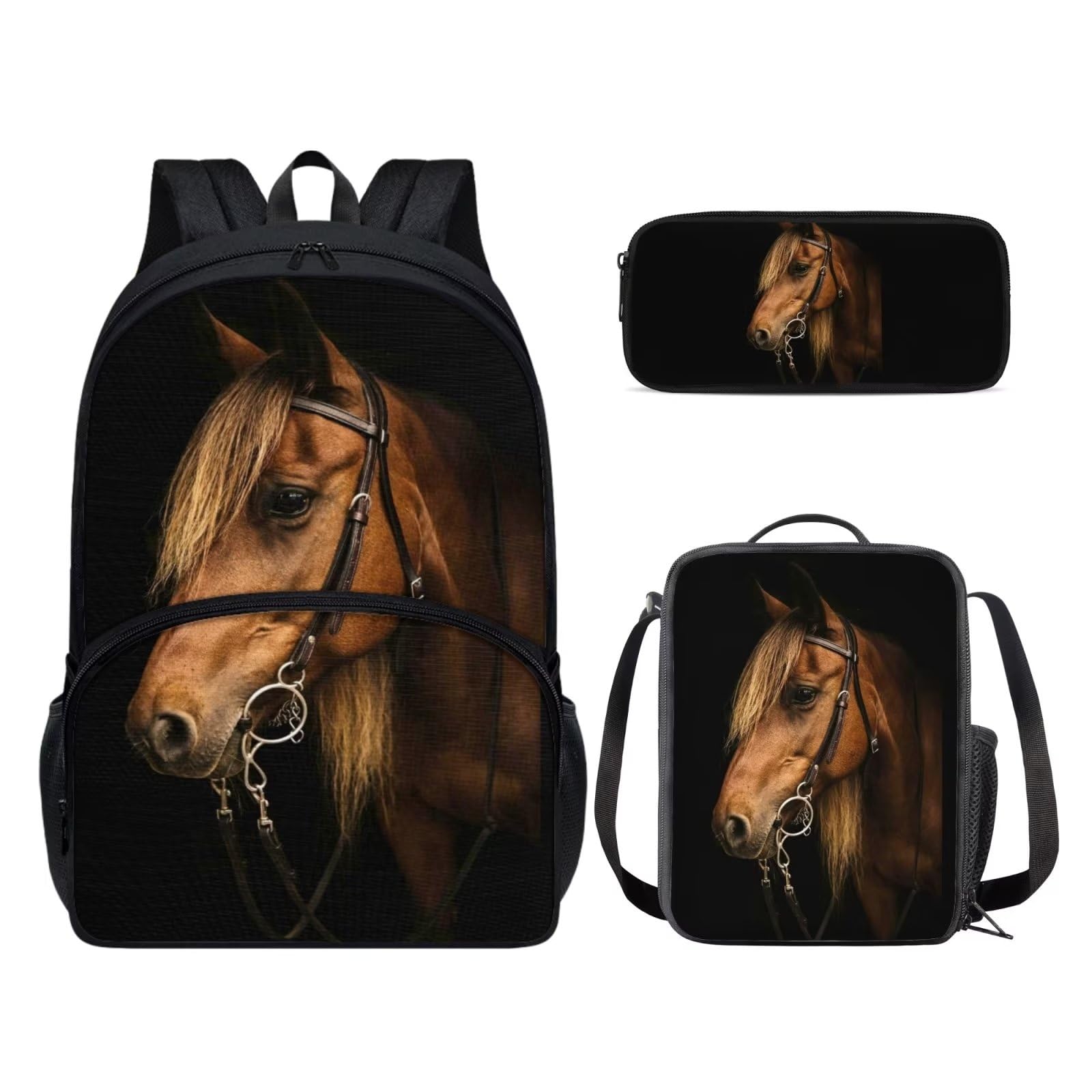 POLERO Juego de 3 bolsas escolares con impresión 3D para el almuerzo, estuche para lápices, Caballo marrón, Talla única, Mochila infantil