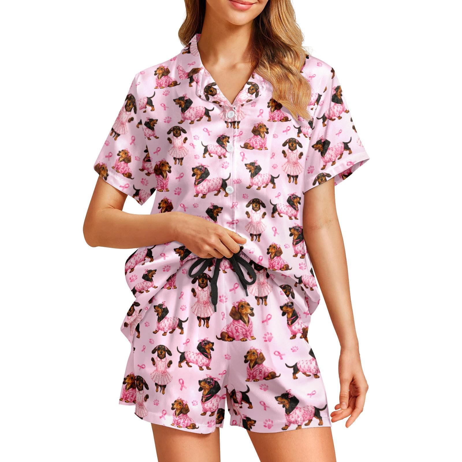 Funny Pajamas for Women Set Print Satin Loungewear Pjs Short Sleeve Button Down Top and Shorts Sets Sleepwear XS-3XL