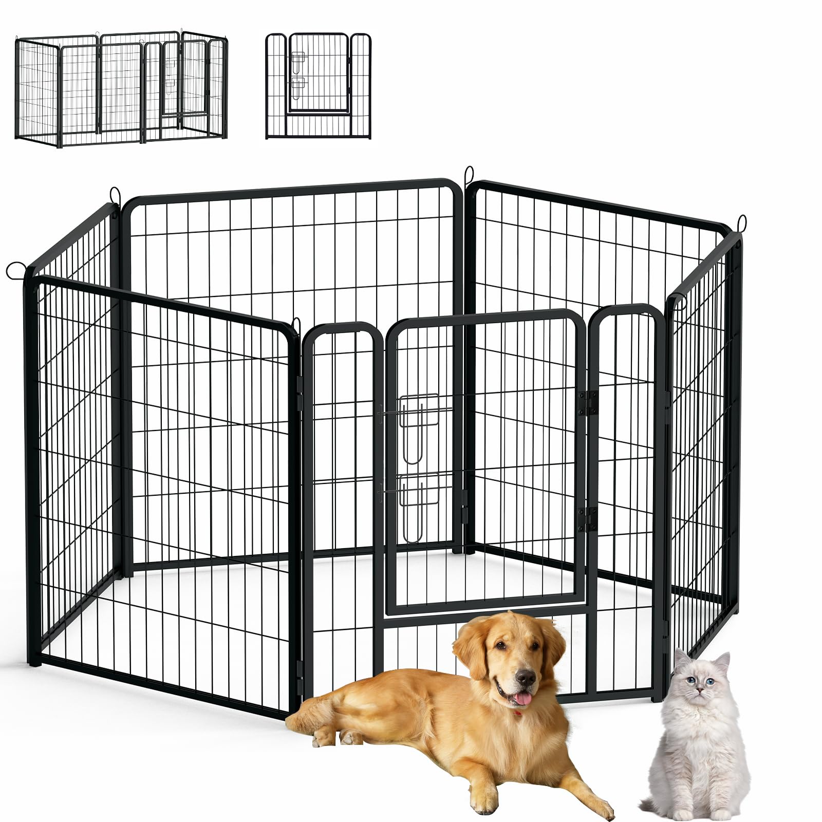 Aufun 6-Gitter Freilaufgehege Welpenauslauf faltbares Tierlaufstall, Automatische Verriegelung, Laufgitter Welpenfreigehege Hundegehege mit Tür für Hunde, Kaninchen, Kleintiere, Katze, je 80x80cm